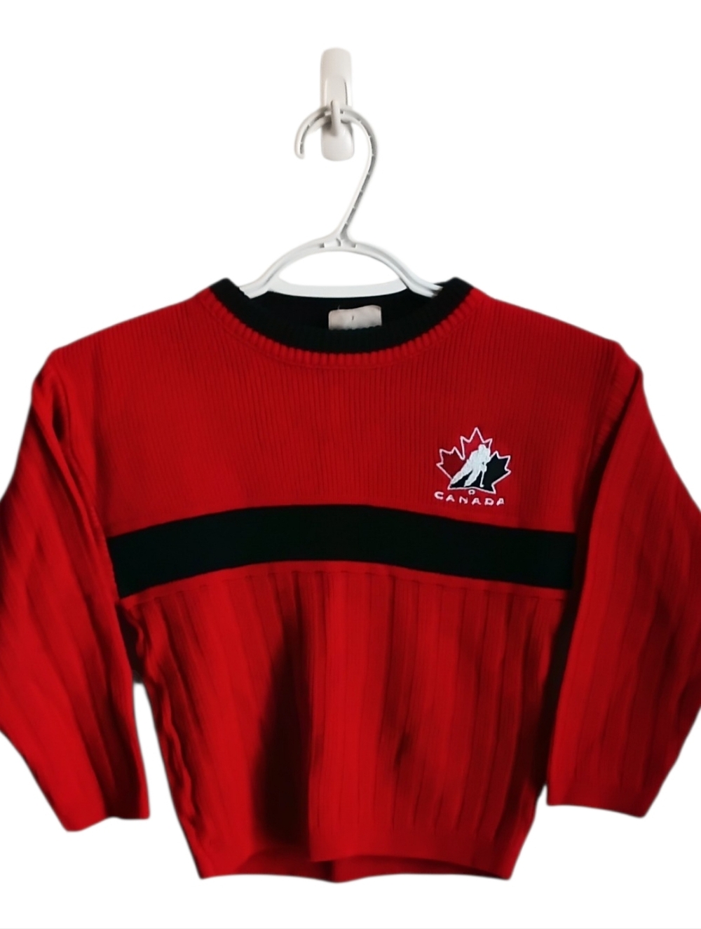 Vintage Team Canada Kids Red Ribbed Crewneck Sweater with Black Stripe Size 6
